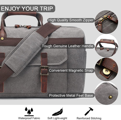Duffle Bag for Men Waterproof Genuine Leather Canvas Travel Duffel Bags for Women Overnight Weekender Bag for Traveling