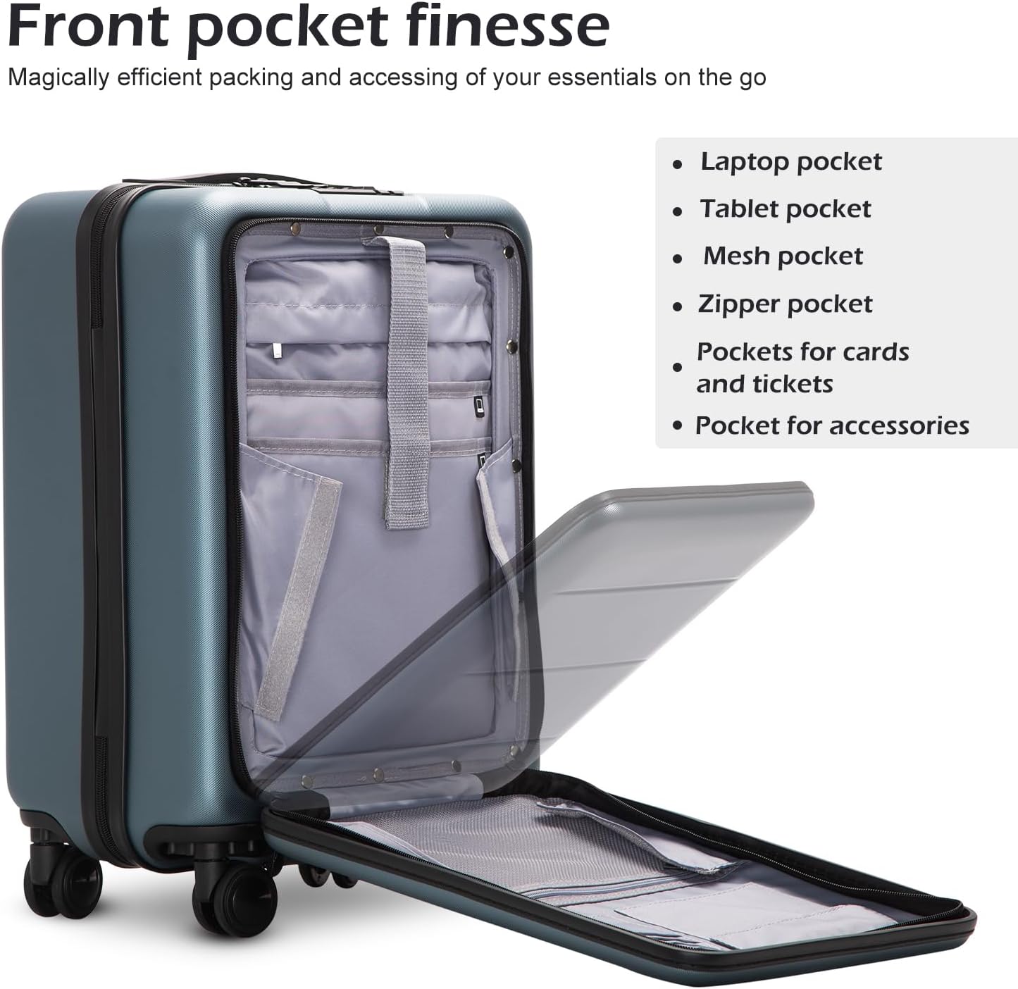 COOLIFE Luggage Suitcase Piece Carry On ABS+PC Spinner Trolley with pocket Compartmnet(Titanium gray, 20in(carry on))