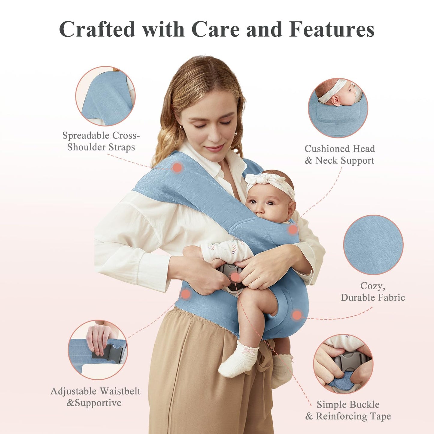 Newborn Carrier, Cozy Baby Carrier, Ergonomic Cross-Back Wrap, Hands-Free with Supportive Comfort, Light Blue