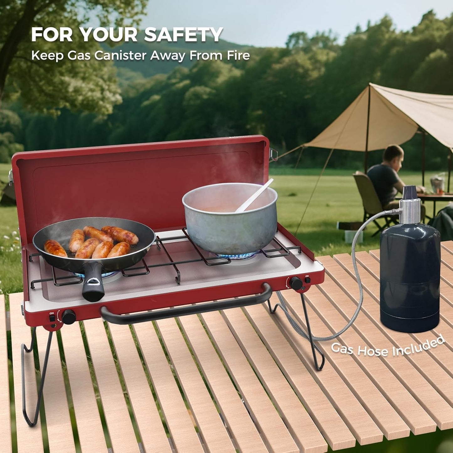 CAMPLUX Safari 2 Burner Propane Camping Stove 20,000 BTU, Portable 2 Burner Propane Camping Grill Stove with Foldable Legs, Push-Button Ignition, CSA Certified Regulator & Hose for Outdoor Cooking