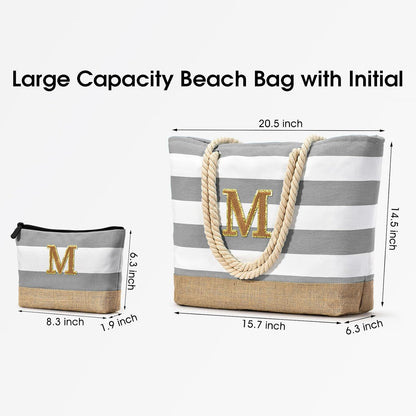 Becokan Beach Bag Initial Beach Tote with Makeup Bag for Travel Work Storage Personalized Birthday Gifts for Women Her