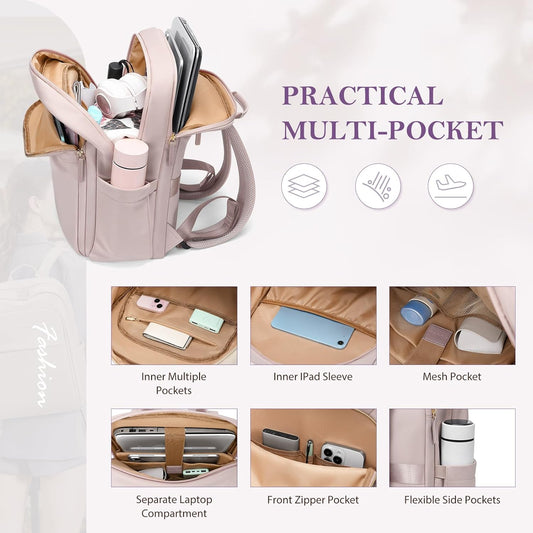 Travel Backpack for Women Personal Carry On Bag Business Weekender Hiking Multilayer Laptop Bag,16 Inch,Pink