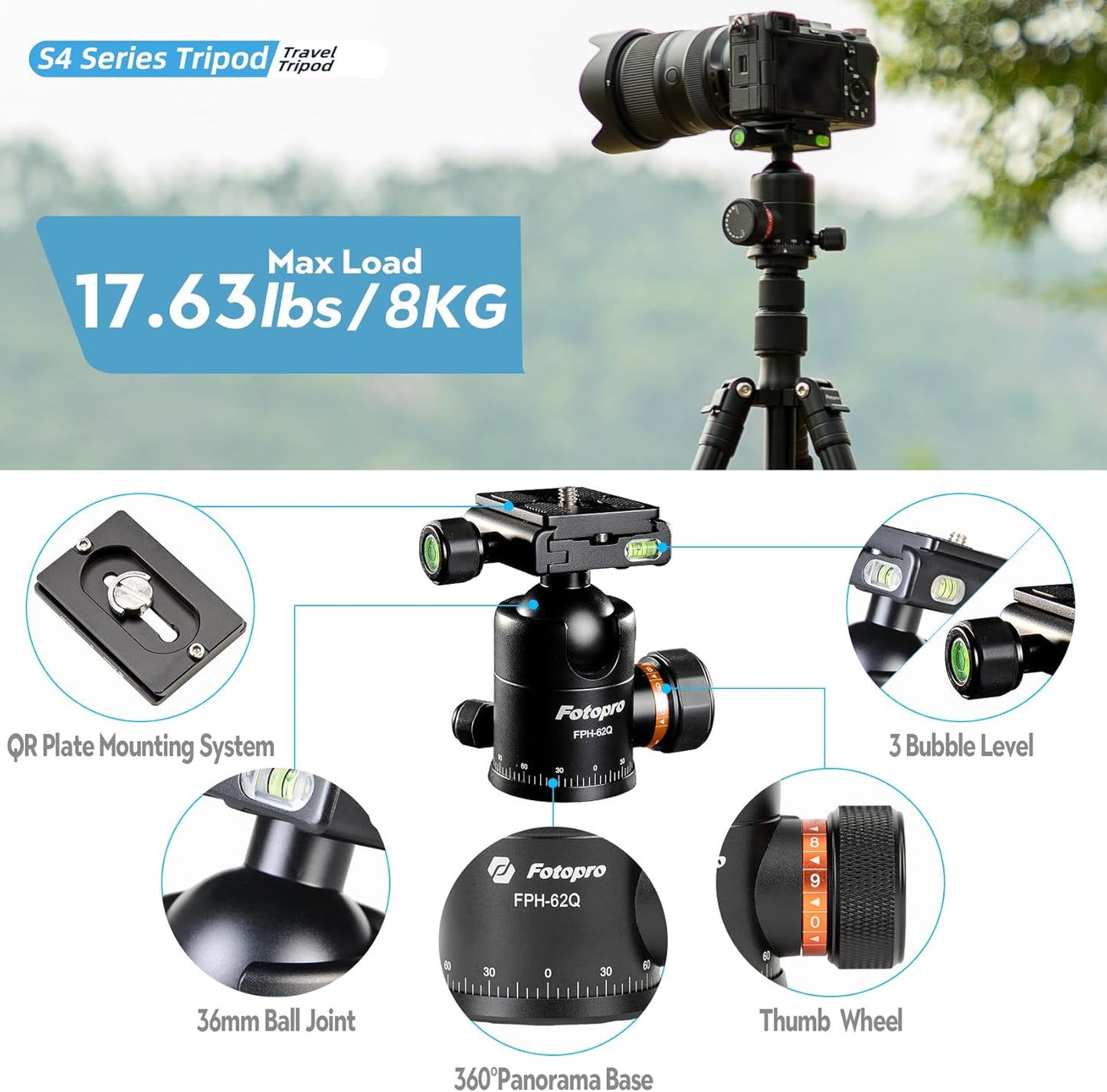 Fotopro 66" Camera Tripod, Aluminum Compact Travel Tripod and Monopod with 360° Ball Head Quick Release Plate, Professional Camera Tripod for DSLR, Load up 22lbs Video Tripod for DSLR, Load up 17.63bs
