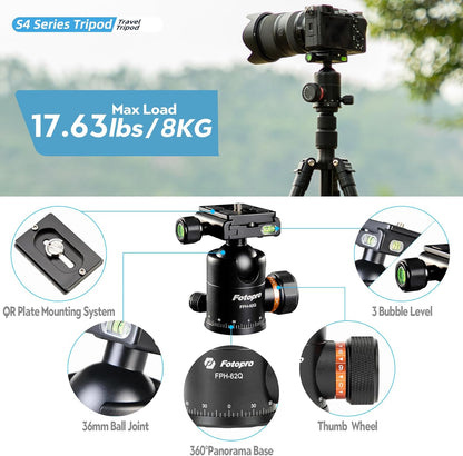 Fotopro 66" Camera Tripod, Aluminum Compact Travel Tripod and Monopod with 360° Ball Head Quick Release Plate, Professional Camera Tripod for DSLR, Load up 22lbs Video Tripod for DSLR, Load up 17.63bs