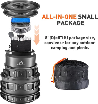 27pcs Camping Cookware Mess Kit for 2-4 People, Portable Cookware Set with Kettle, Pots & Pans, Stainless Steel Utensils, Plates, Dishware for Backpacking, Picnic, Outdoor Adventures