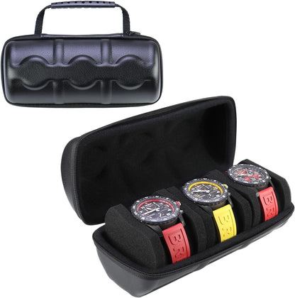 Juntan 3 Slots Hard Watch Travel Case, Portable PU Leather Zipper Storage Organizer Box for Men Women with Soft Compressible Foam Pillow Black