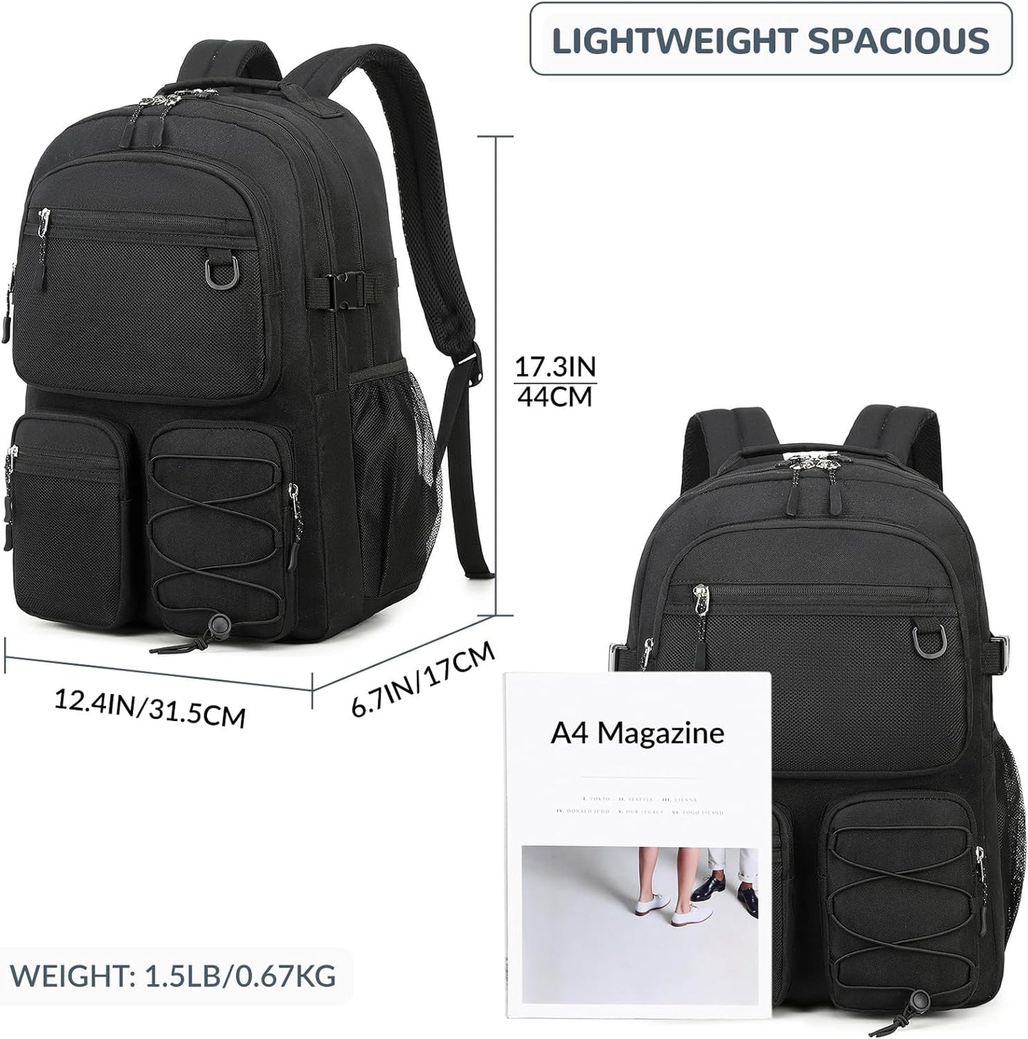 Lohol Water Resistant Daypack with Mulitiple Pockets for School Travel Outdoor College, 15.6 inch Laptop Backpack for Men and Women (Black)