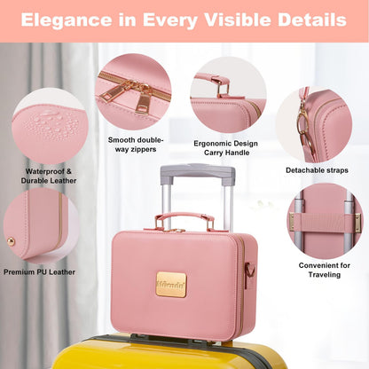 Mocado Travel Makeup Bag with LED Lighted Mirror,Makeup Case with 3 Color Lighted Setting and 10x Magnifying Mirror, Portable Storage and Adjustable Dividers (Pink with Hard Leather)