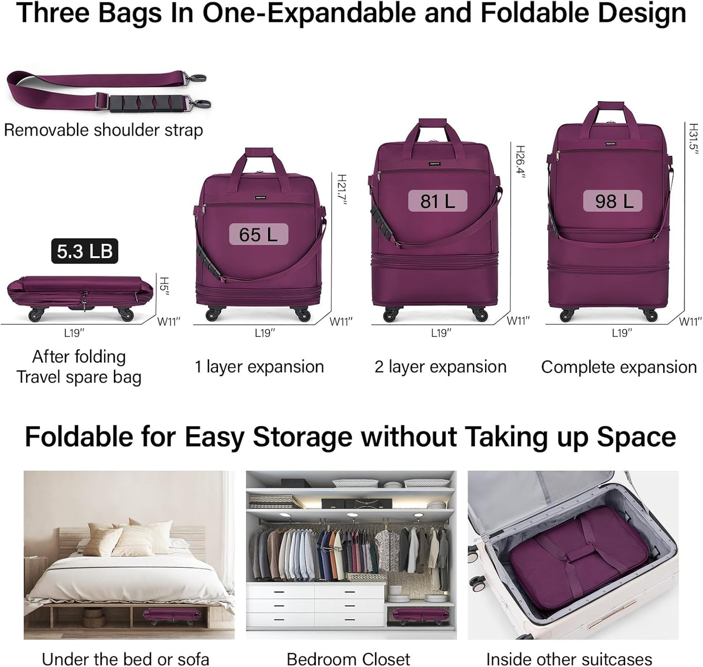 Hanke Suitcases with Wheels Expandable Foldable Luggage Bag Suitcase Collapsible Rolling Travel Bag Duffel Bag for Men Women Lightweight Suitcases without Telescoping Handle, Purple