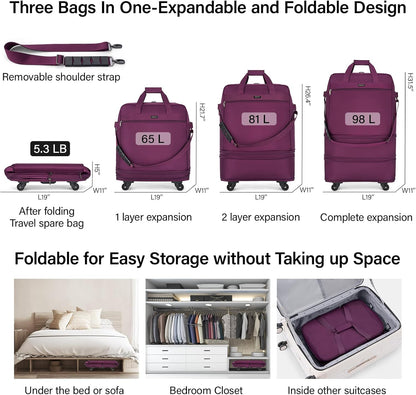 Hanke Suitcases with Wheels Expandable Foldable Luggage Bag Suitcase Collapsible Rolling Travel Bag Duffel Bag for Men Women Lightweight Suitcases without Telescoping Handle, Purple