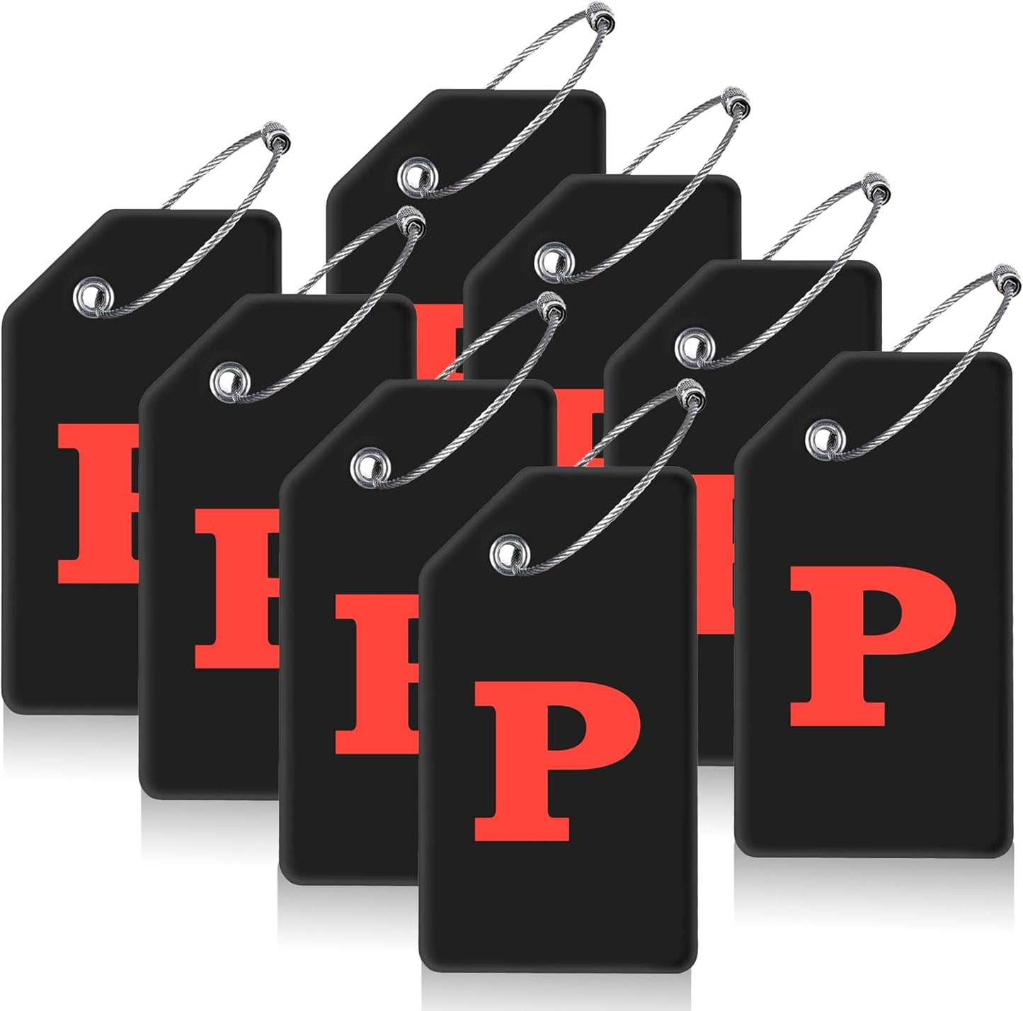 8 Pcs Luggage Tags for Suitcases, 26 Initial Letter Travel Luggage Baggage Identification Labels ID Tags Fully Bendable Tags with Stainless Steel Loop (Letter P, Black)