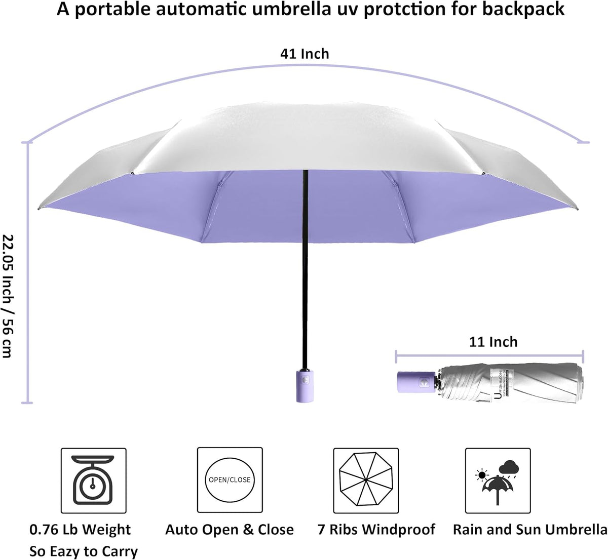 BAODINI Small UV Protection Travel Umbrella Compact for Rain and Sun UPF 50+ 41 inch Portable Umbrella for Women and Men