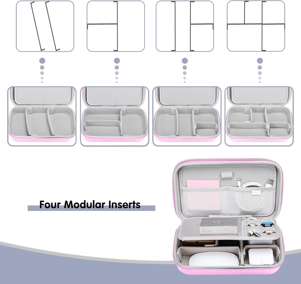 MOSISO Electronic Organizer Travel Case Compatible with MacBook Power Adapter, Compatible with Magic Mouse & Pencil, SD Card, USB Flash Disk with 4 Modular Insert & 2 Cable Tie & Snap Hook, Pink