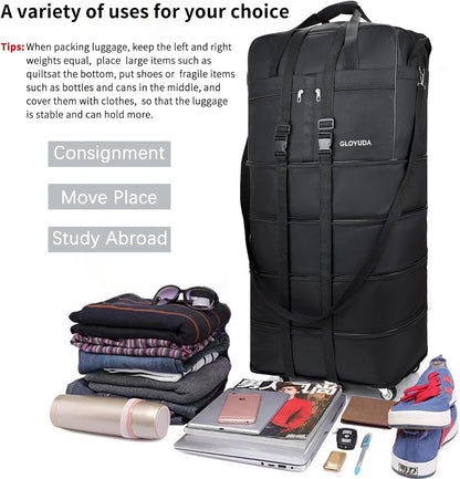 Expandable Foldable Luggage, 42'' Suitcase With Spinner Wheels, Rolling Duffle Bag with Wheels and Handle, Collapsible Luggage With 2 Handle Wrap and 2Fixing Straps1Shoulder Strap (Jet Black)