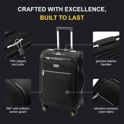 LEVEL8 Carry On Luggage with Compartment, 20 Inch Softside Expandable Travel Rolling Suitcase with Spinner Wheels, Tsa Locks, Men and Women, Black