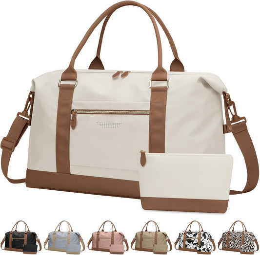 Travel Duffle Bag for Women, Weekender Bags, Hospital Bag for Labor Delivery, Lightweight Tote Duffel Overnight Bag with Luggage Sleeve, Airplane Travel Bags with Toiletry Bag, Large, Beige