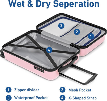 KYME Suitcase Hardshell With Double Spinner Wheels, PC+ABS TSA Lock Travel Luggage (Pink, 20" Carry On)