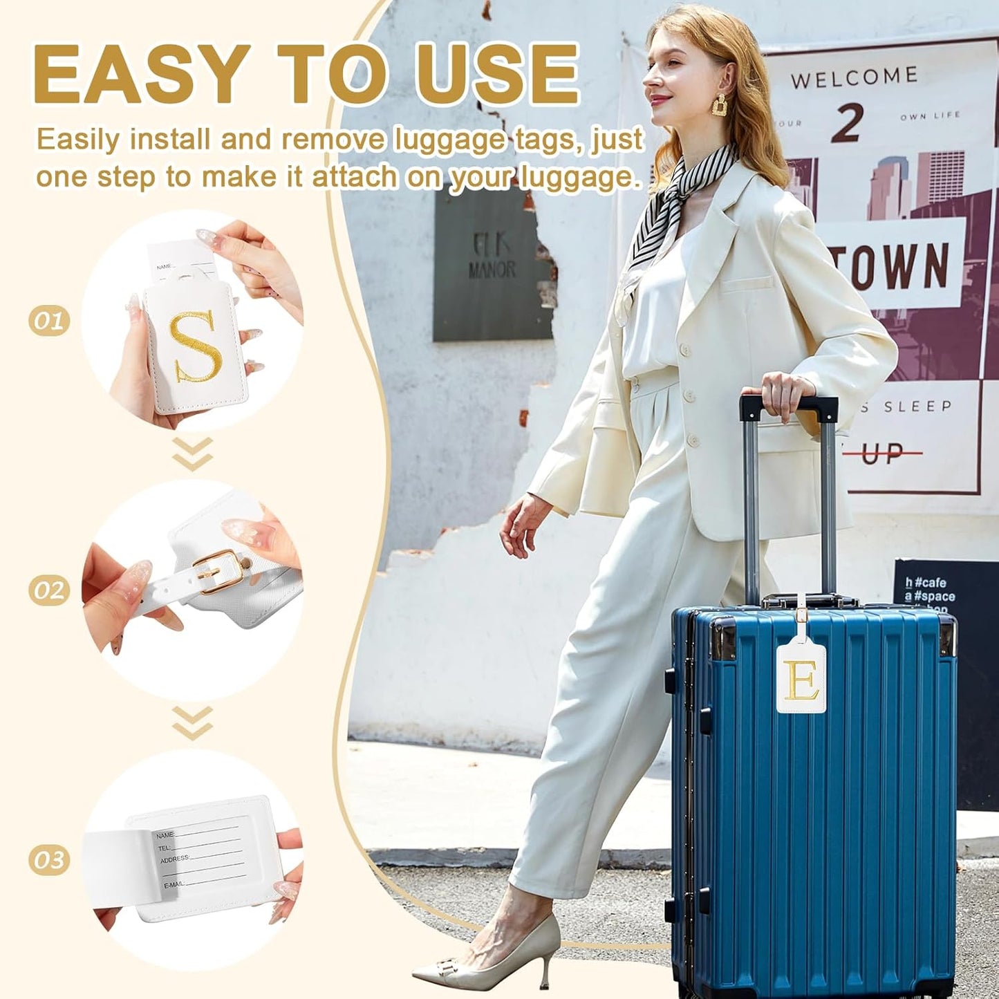 Personalized Initial Luggage Tags for Suitcase TSA Approved, White Leather Cute Luggage Tag with Privacy Cover Name Card, Embroidered Custom Luggage Tags Travel Baggage Tags Gifts for Women Kids(E)