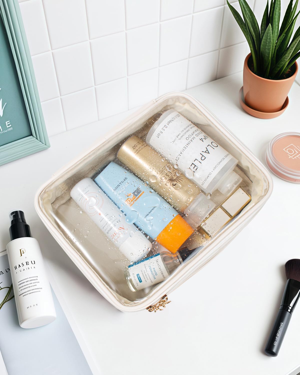 KOTORA TSA Approved Toiletry Bag with Mini Clear Makeup Bag PVC Cosmetic Bags for Women and Men, Carry on Airport Airline Compliant Bag Car Accessories for Women Her (1B White)