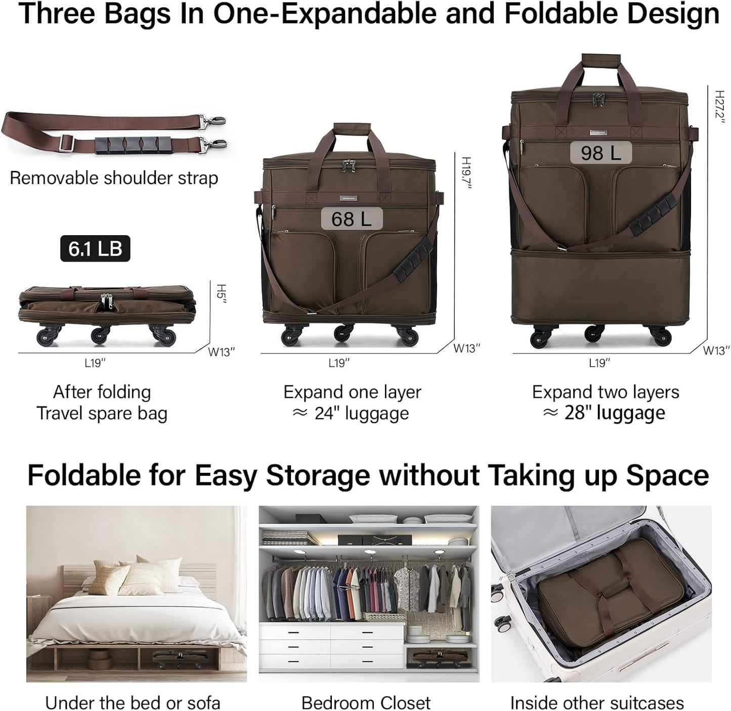 Hanke Expandable Collapsible Luggage with Wheels Suitcase, Rolling Travel Bag, Duffel Garment Tote Bag for Men Women, Lightweight Suitcase, Large Capacity Luggage with Spinner Wheel (Coffee)