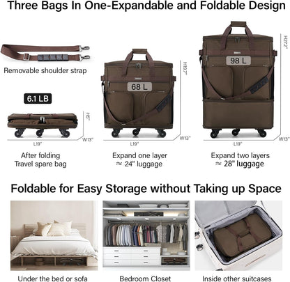 Hanke Expandable Collapsible Luggage with Wheels Suitcase, Rolling Travel Bag, Duffel Garment Tote Bag for Men Women, Lightweight Suitcase, Large Capacity Luggage with Spinner Wheel (Coffee)