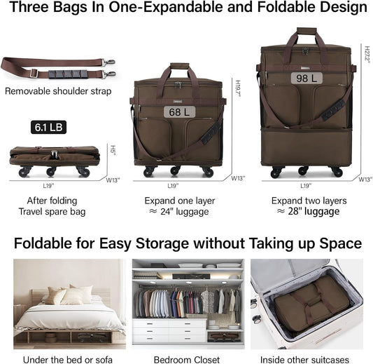 Hanke Expandable Collapsible Luggage with Wheels Suitcase, Rolling Travel Bag, Duffel Garment Tote Bag for Men Women, Lightweight Suitcase, Large Capacity Luggage with Spinner Wheel (Coffee)