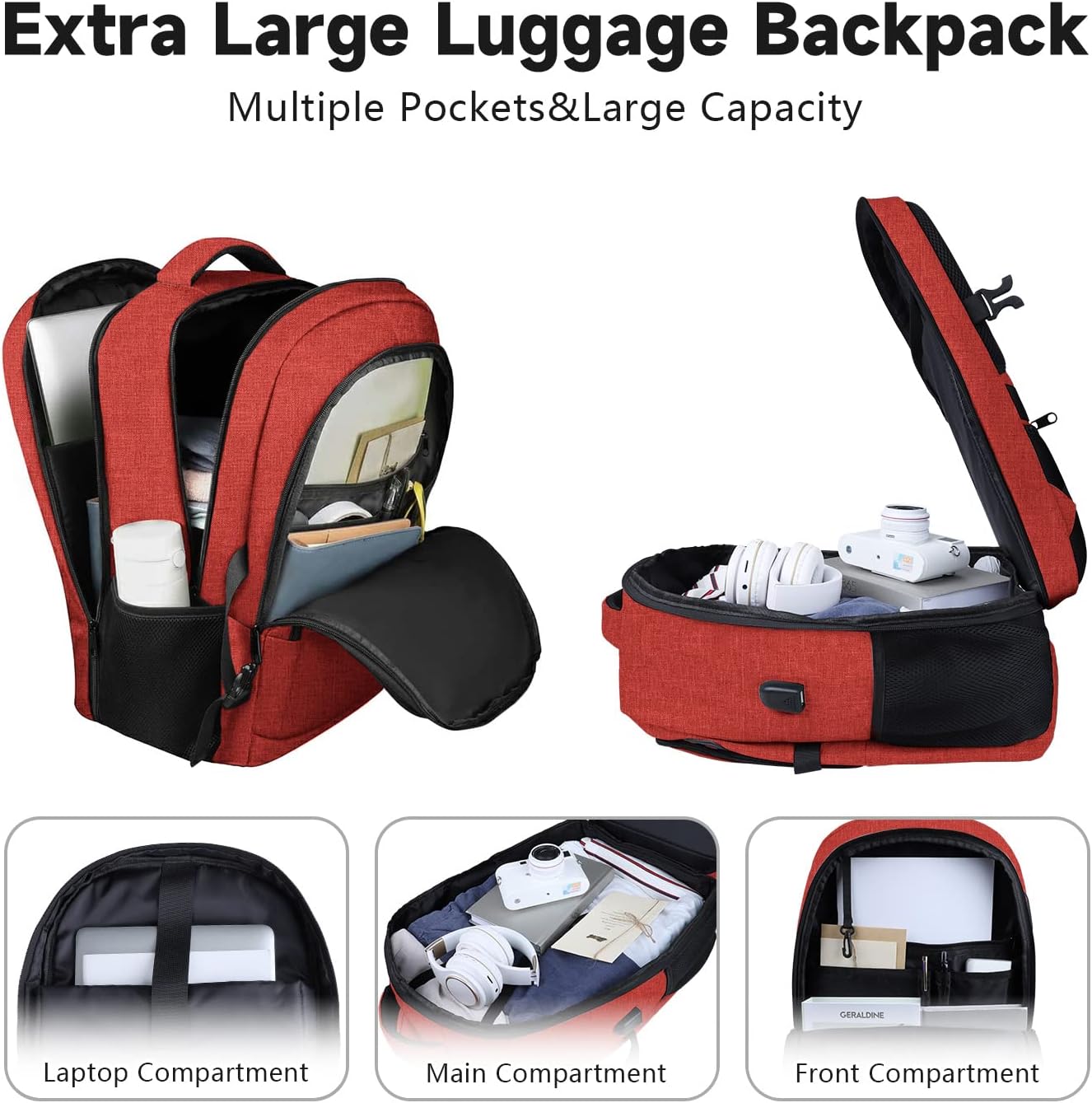 Lapsouno Large Backpack, Travel Laptop Backpack, Carry on Backpack, Sturdy 17 Inch TSA Friendly with USB Port, Water Resistant College School Bag Gifts for Men Women, Wine Red