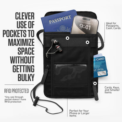 VENTURE 4TH Passport Holder Neck Wallet with RFID Blocking Nylon Lining - Hidden Neck Pouch for Travel (Sleek Black)