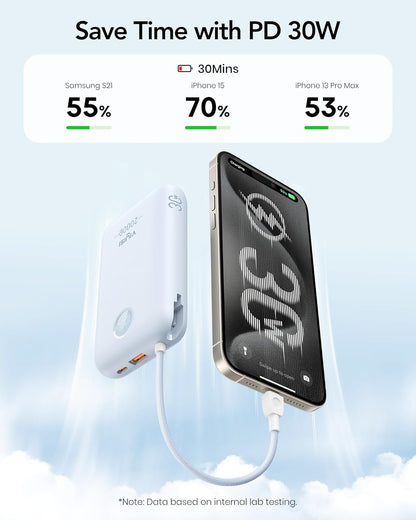 Portable Charger 20000mAh 30W Fast Charging, Power Bank with Built-in Cables & LED Display, USB C Battery Pack for iPhone 16/15/14, Samsung, iPad and Android Phones, Ideal for Travel