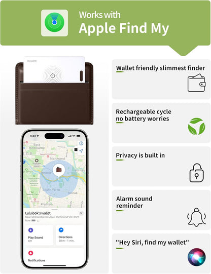 LULULOOK Wallet Tracker Card (iOS Only), Ultra Slim Airtag Wallet Works with Apple Find My, Wireless Rechargeable GPS Smartcard Tracker for Luggage, Tags, Passport, Purse, IP68 Waterproof, 1 Pack