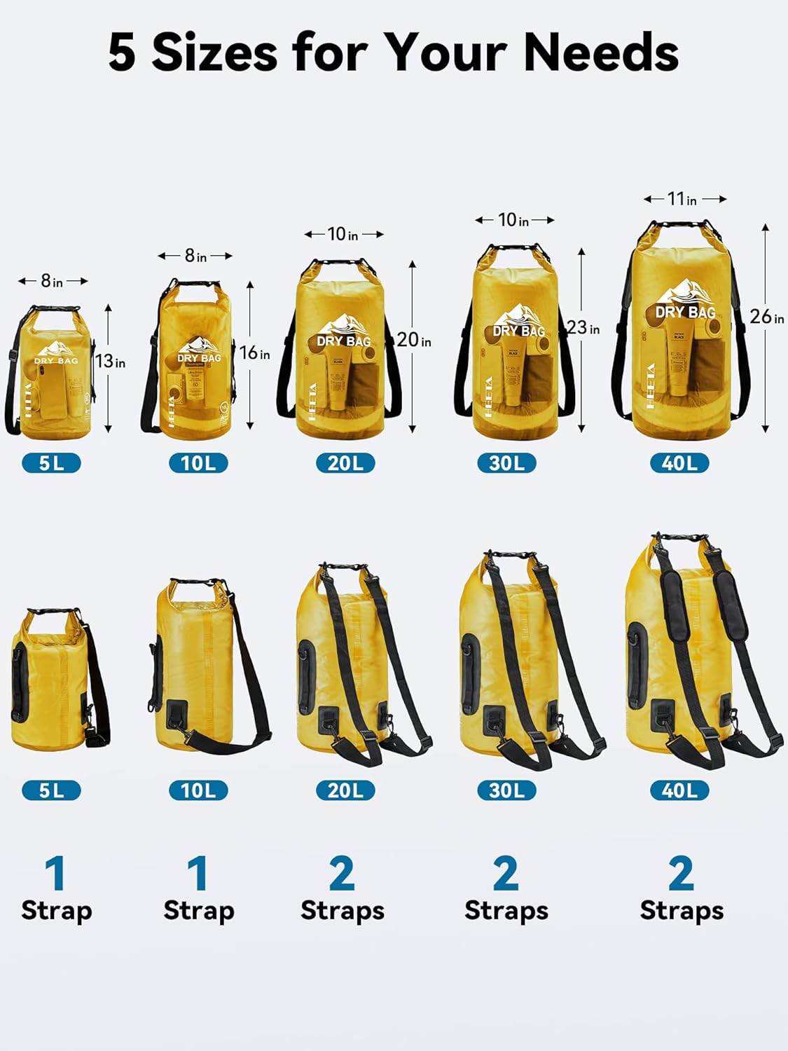 HEETA Dry Bag Waterproof for Women Men, 5L/10L/20L/30L/40L Roll Top Lightweight Dry Storage Bag Backpack with Phone Case for Travel Swimming Boating Kayaking Paddle Board Camping Beach Accessories