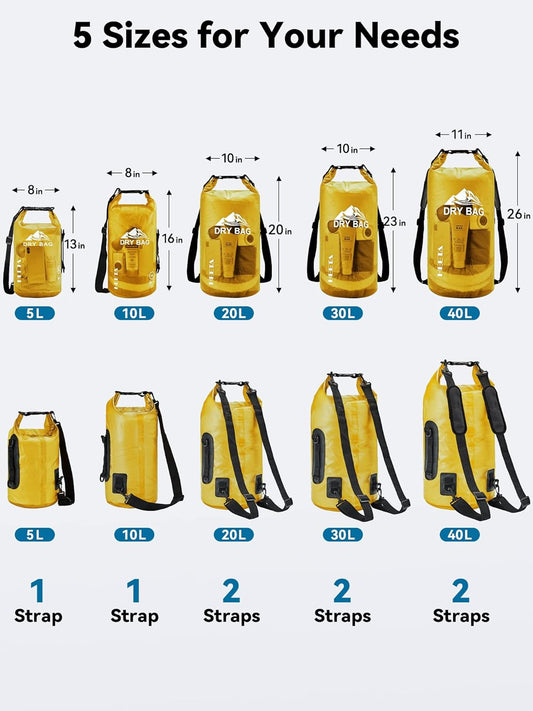 HEETA Dry Bag Waterproof for Women Men, 5L/10L/20L/30L/40L Roll Top Lightweight Dry Storage Bag Backpack with Phone Case for Travel Swimming Boating Kayaking Paddle Board Camping Beach Accessories