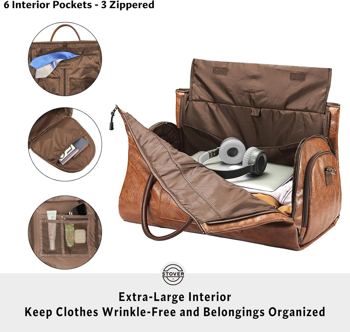 STOVER Garment Travel Duffle Bag, Large 2-in-1 Convertible Carry-on Luggage for Men & Women- Hanging Suits, Dresses & Clothes + Shoe Compartment- Weekender Tote Combo Duffel (Brown Leatherette)