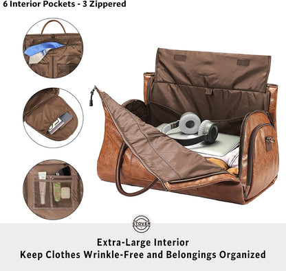 STOVER Garment Travel Duffle Bag, Large 2-in-1 Convertible Carry-on Luggage for Men & Women- Hanging Suits, Dresses & Clothes + Shoe Compartment- Weekender Tote Combo Duffel (Brown Leatherette)