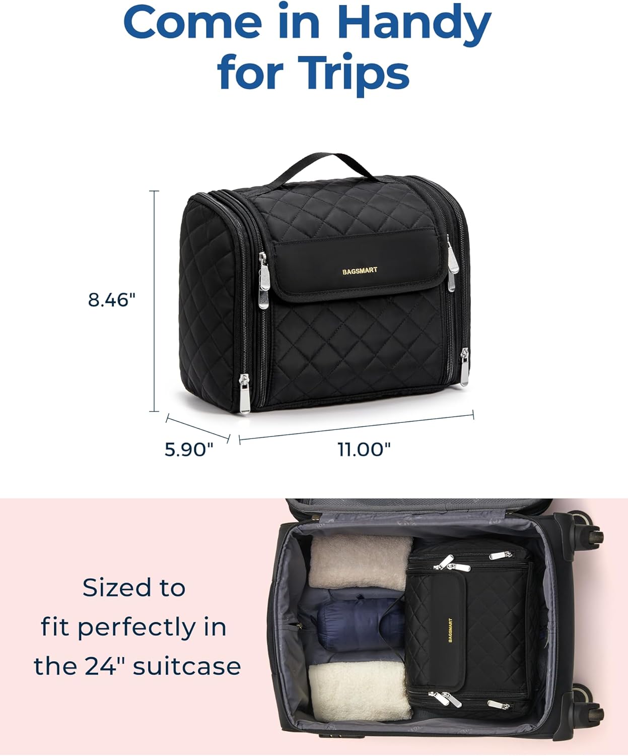 BAGSMART Makeup Bag for Women with Hanging Hook, Large Portable Capacity Water-resistant Organizer Travel Case for Toiletries and Cosmetics, Brown