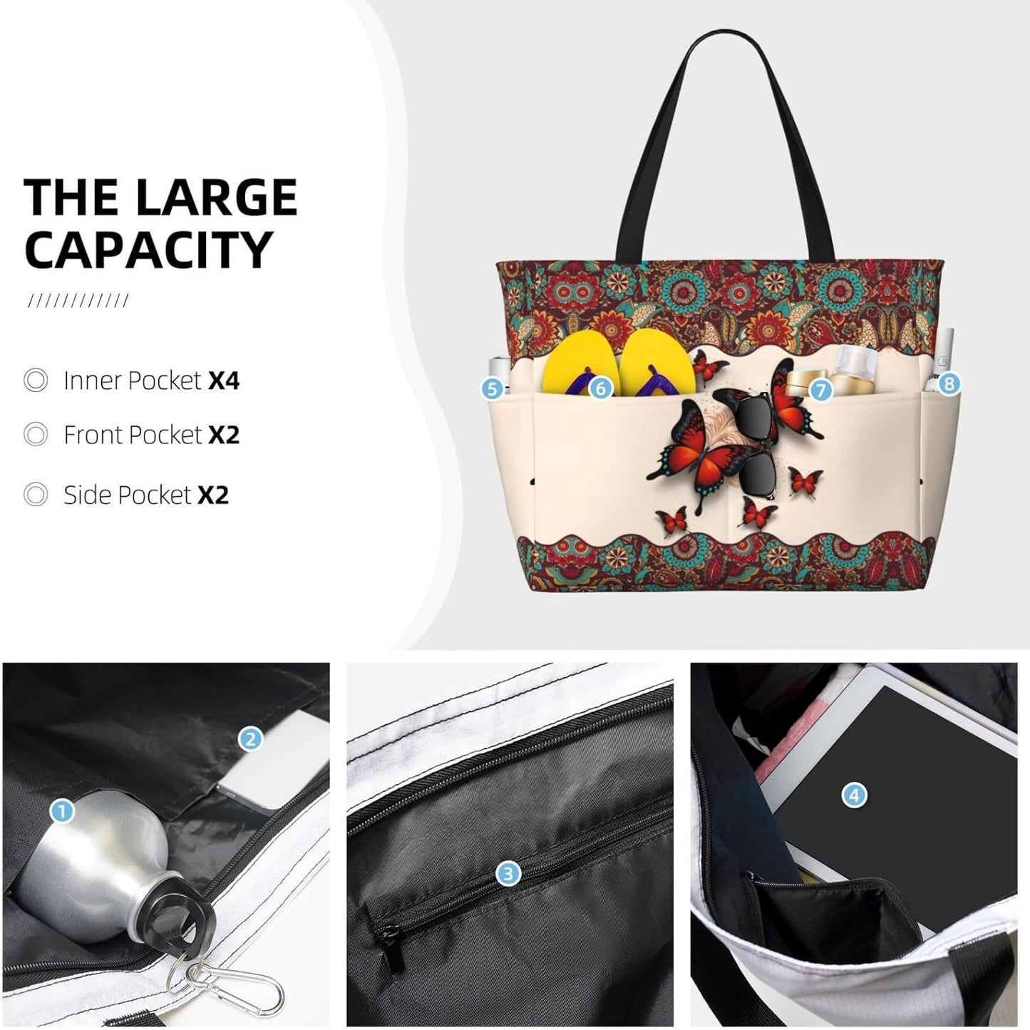 Beach Bag for Women Beach Tote Bag Waterproof Sandproof Large Bags with Zipper Big Capacity for Vacation Travel