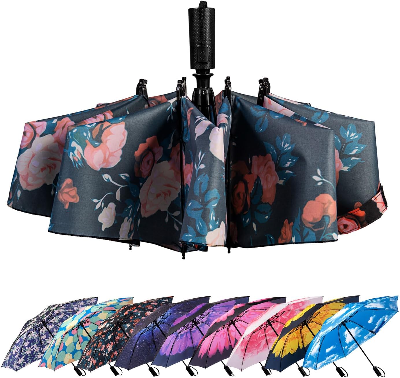 LANBRELLA Compact Reverse Folding Umbrella Auto Windproof Travel Umbrella