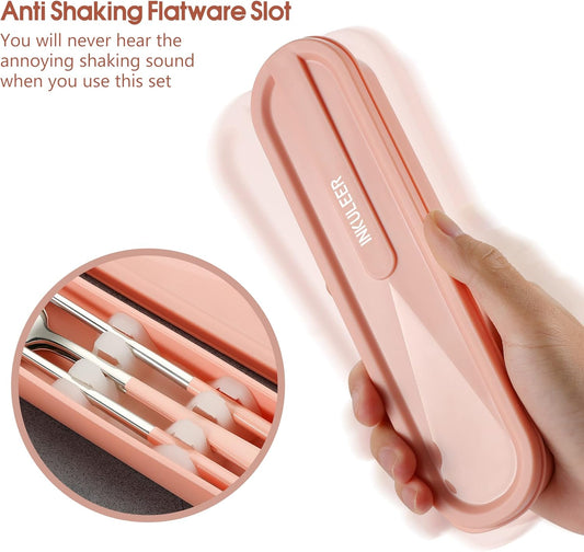 Travel cutlery set, 18/8 stainless steel cutlery, Reusable utensils set with case, Portable Silverware Lunch Box for Camping and Office(Pink）
