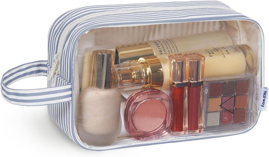 Narwey Clear Toiletry Bags for Traveling Women Men, Clear Travel Bags for Toiletries Makeup Bag Cosmetic Bag with Zipper, Make Up Organizer, Skincare Bag (Greyish Blue Stripe)