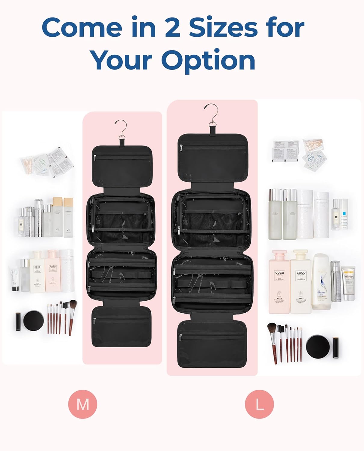 BAGSMART Travel Toiletry Bag with Jewelry Organizer, Hanging Travel Bag for Toiletries, Puffy Makeup Cosmetic Bag Organizer, Carry-on Travel Accessories Essentials, Black-M