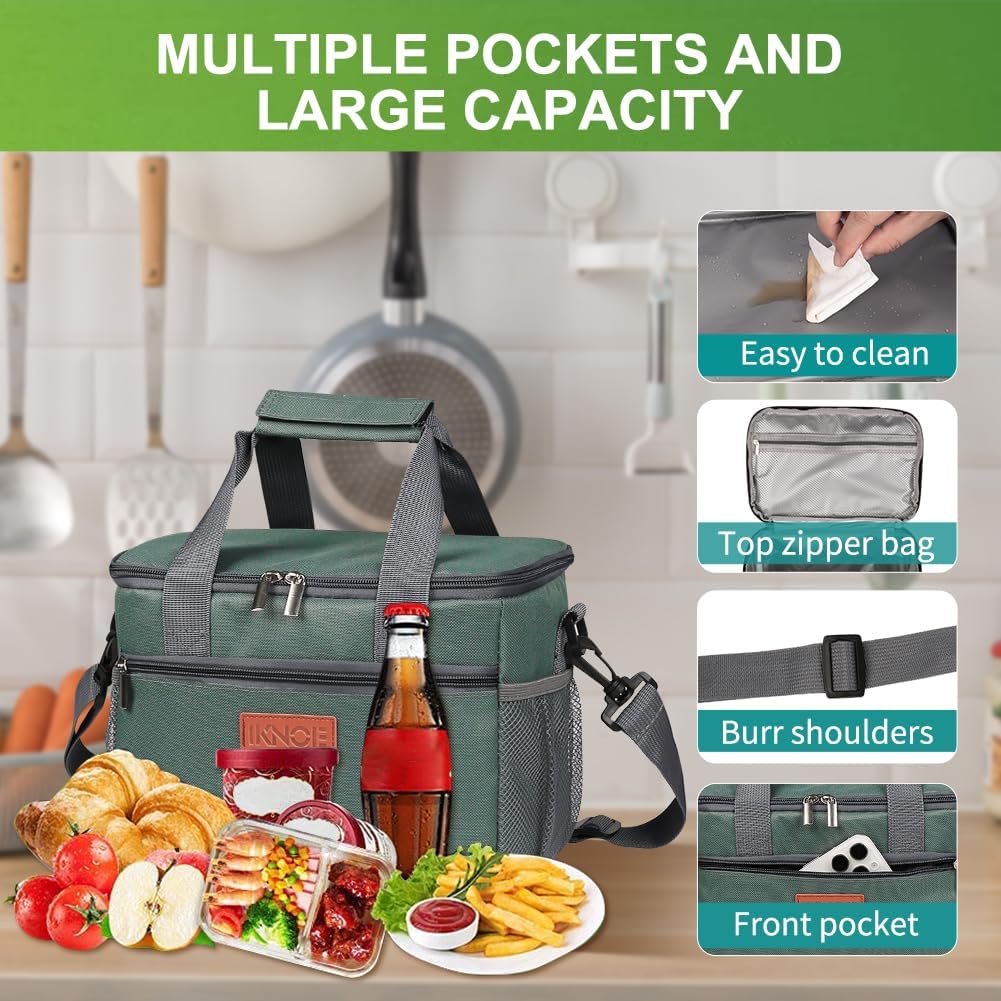 iknoe Large Foldable Cooler Bag, 8.5L Insulated Lunch Bag, Leakproof Lunch Cooler Tote with Multi-Bag Design Suitable for Beach, Picnic and Office Use, Grayish Green 15-Can