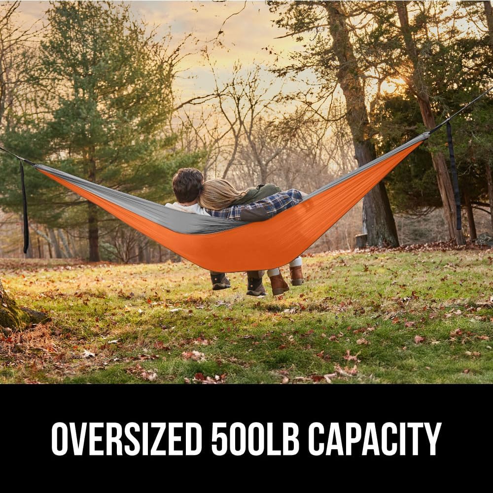 GORILLA GRIP Durable Portable Camping Hammock, Holds 500lbs with Heavy Duty Tree Straps, Comfortable Travel Swing, Camp Hammocks, Easy to Use and Install, Outdoor Essentials, Orange, 10x6.5 FT