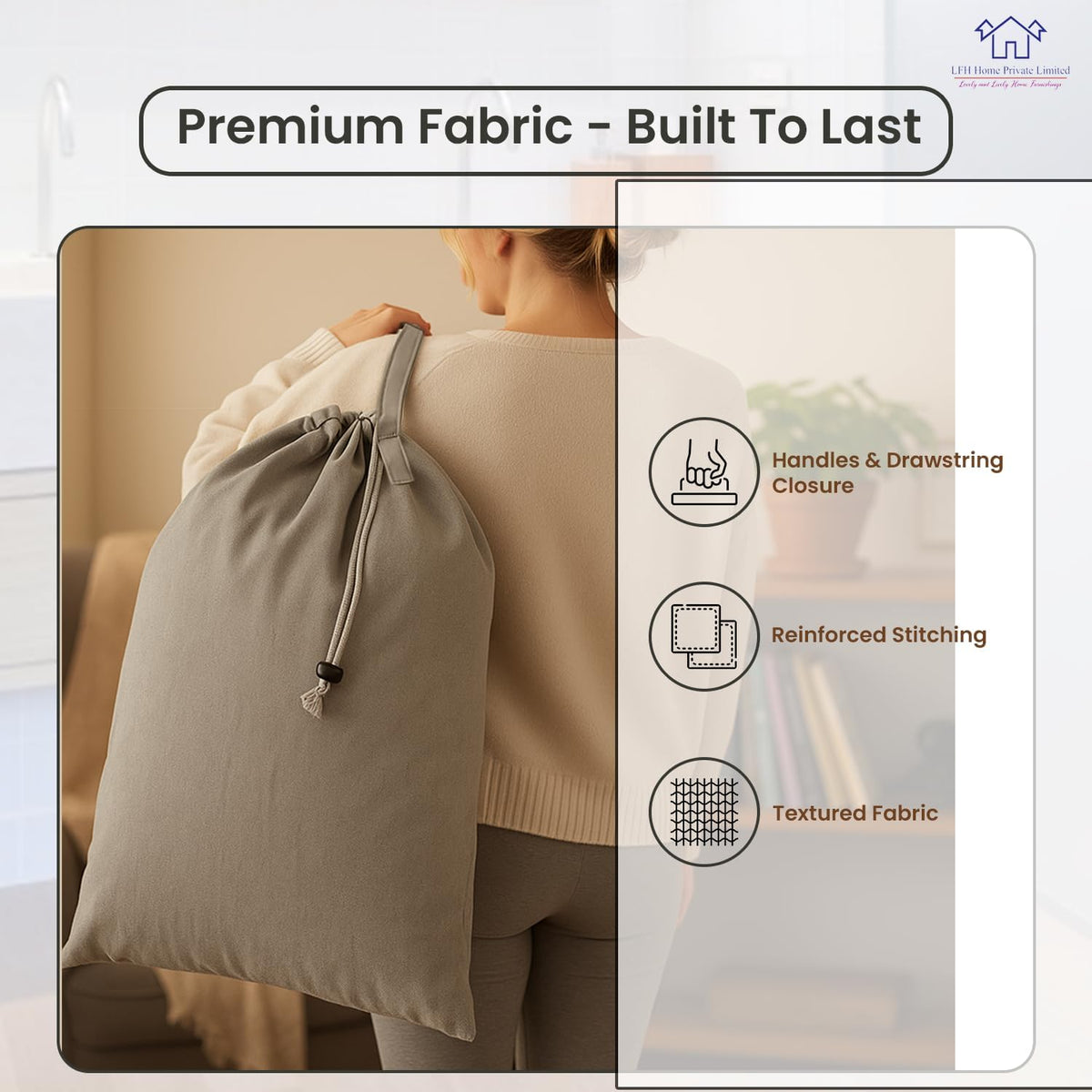 LFH Home Cotton Canvas Large Laundry Bag with Handle, Heavy Duty Drawstring Closure Washable Laundry Bags, School Travel, Home, Hotel, College Dorm, Organizer Sack, Toys Clothes 28x40 (Pack of 4)-Grey