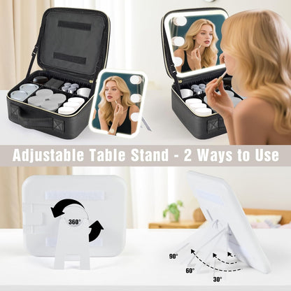 Makeup Bag with Removable Lighted Mirror, Travel Make up Bag with Lights Portable Makeup Case Organizer with Mirror 360° Adjustable Angle, Partitionable Cosmetic Bag Accessories Makeup Train Case Gift