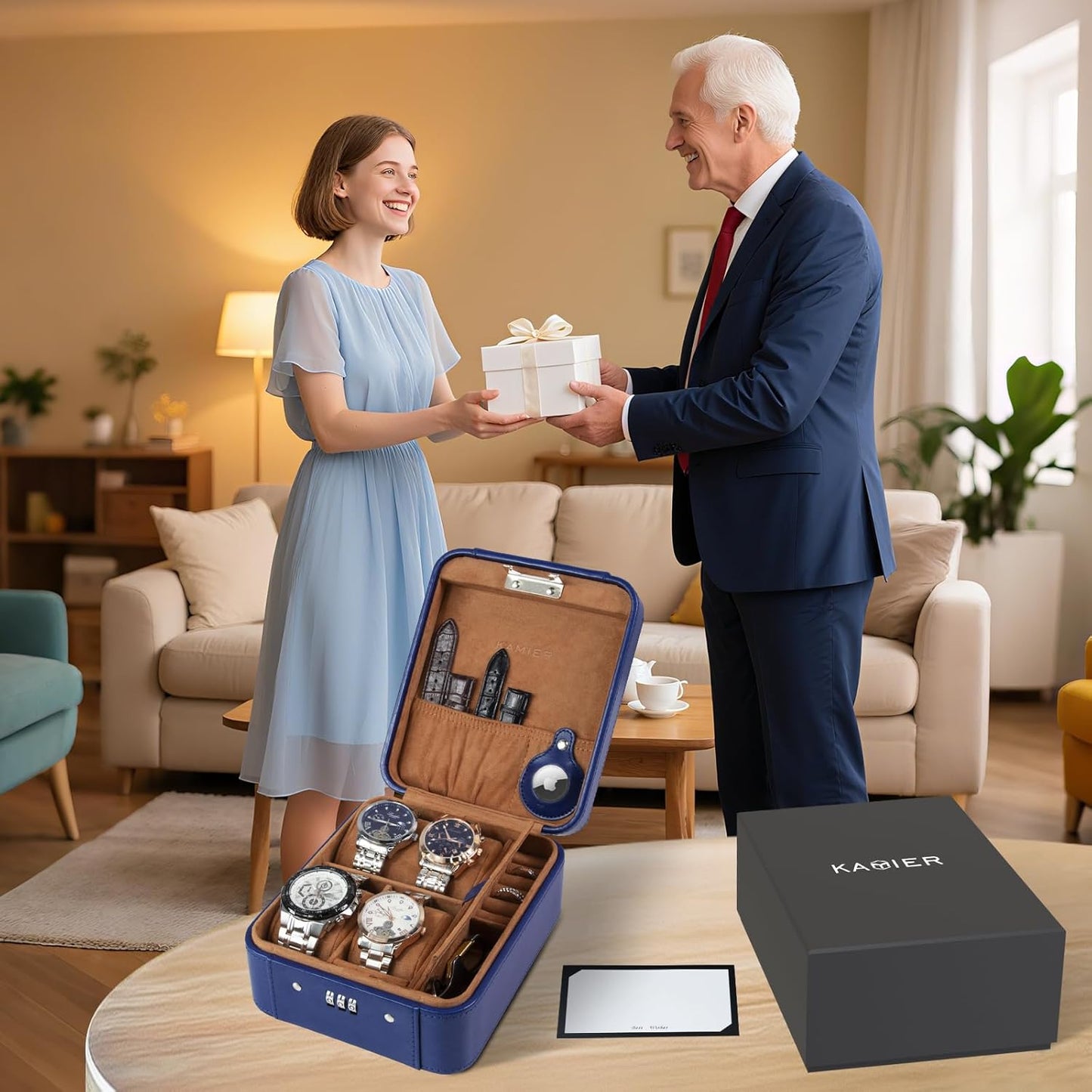 KAMIER Watch Case with Combination Lock - 4 Watch Storage and Jewelry Organizer - Watch Travel Case for Ring and Watch Storage, PU Leather Travel Watch Case, Ideal for Gift (With Gift Box),Blue