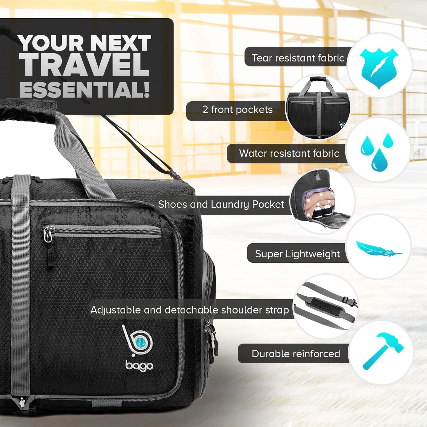 Bago Foldable Duffel Bags for Traveling Women & Men - 60L Medium Packable Duffle Bag for Travel with Shoe Compartment - Water Repellant, Heavy Duty, Lightweight Folding & Collapsible (Black)