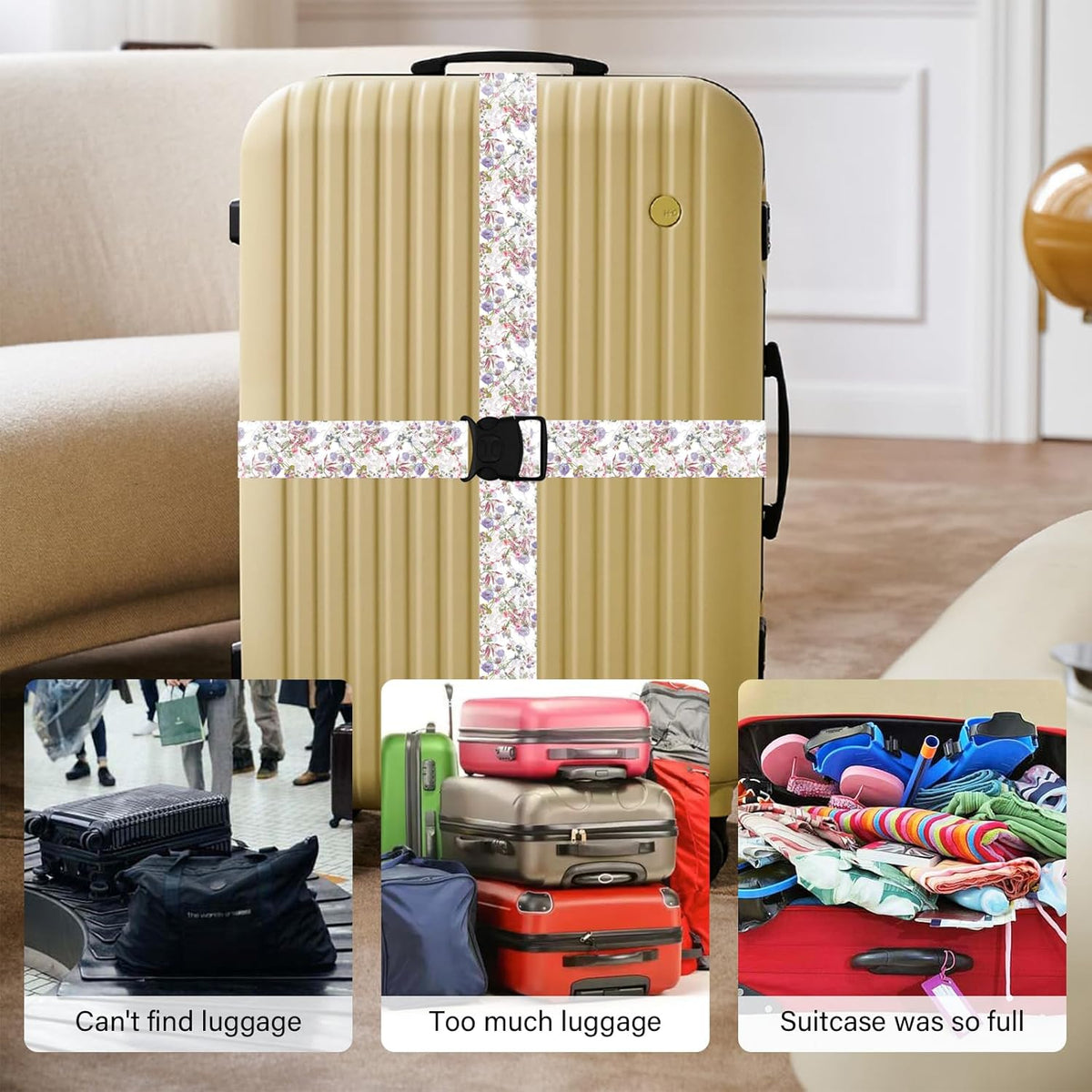 Luggage Straps for Suitcases, Travel Adjustable Belt with Quick Release Buckle, Heavy Duty Nylon Bag Packing Strap, Unique Bright Identifiers Business Travel Accessories (2 Pack) - Purple Flowers