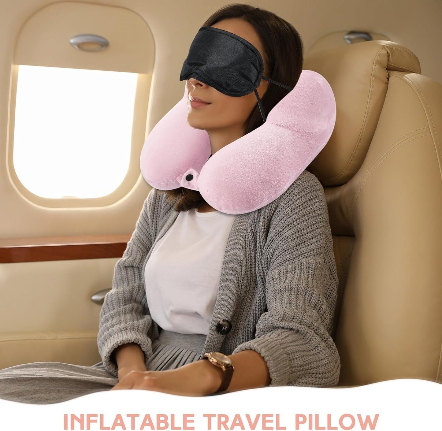 Sintuff 2 Pack Inflatable Travel Pillow for Airplanes Inflatable Neck Flight Pillows with Compact Bag and Blindfold for Traveling, Airplane, Train, Car, Office(Light Pink and Violet)