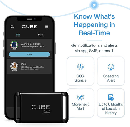 Cube GPS Tracker for Vehicles Assets Kids, Mini GPS Trackers for Dogs, Car Tracker Device: Real Time Worldwide Location SOS Pings Geo-Fencing + Rechargeable Battery Requires Subscription