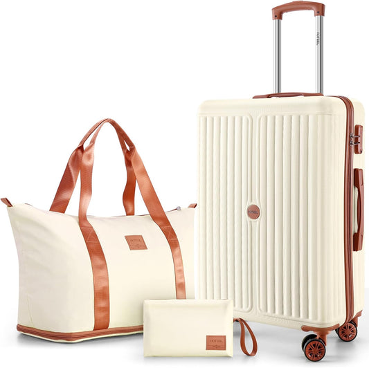 Hoteel 20Inch Luggage 3-piece Set, 360° Universal Suitcases with Wheels Hard Shell Suitcase with TSA Lock, Including Waterproof Luggage Bag, Travel Maletas for Men and Women,Beige